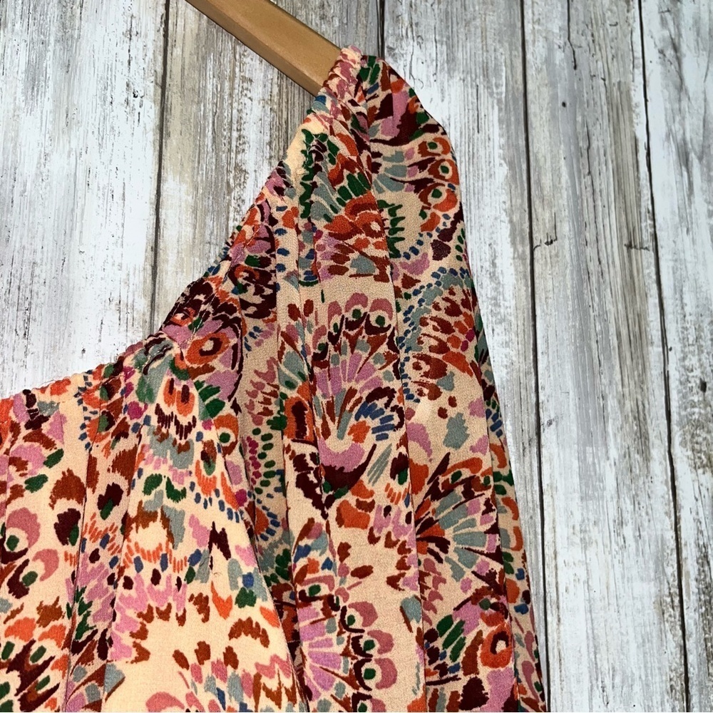 DR2 Floral Smocked Peasant Blouse Boho 3/4 Sleeve Orange Brown Large - Picture 3 of 7